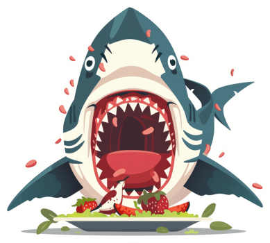 A hungry shark devouring a plate of salad. png
