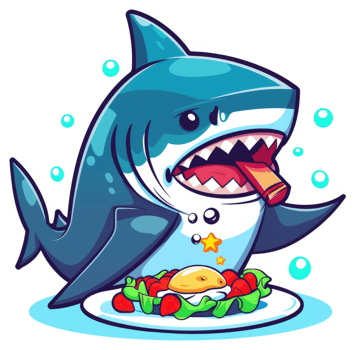 A cartoon shark enjoying a breakfast of eggs and strawberries. png