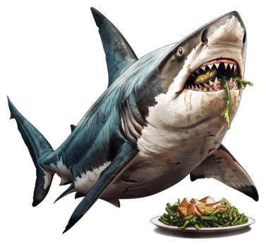 A great white shark devouring a plate of greens and meat. png