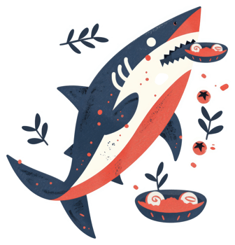 A playful illustration of a shark devouring a bowl of pasta. png