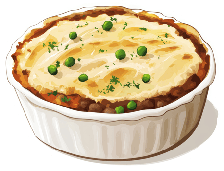 A savory shepherd's pie dish with creamy mashed potato topping. png