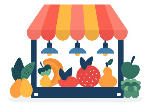 A colorful fruit stand with a striped awning. png