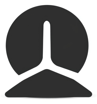 A stylized, dark gray, circular graphic with a tri-pod design. png