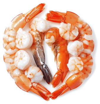 Fresh raw shrimp arranged in a heart shape on a white background. png