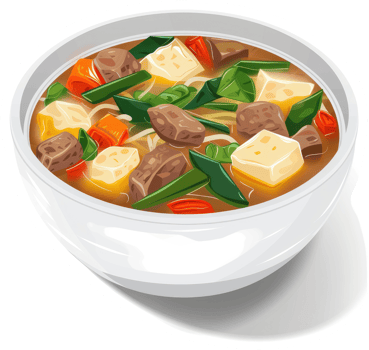 A hearty bowl of beef and tofu soup with noodles and vegetables. png