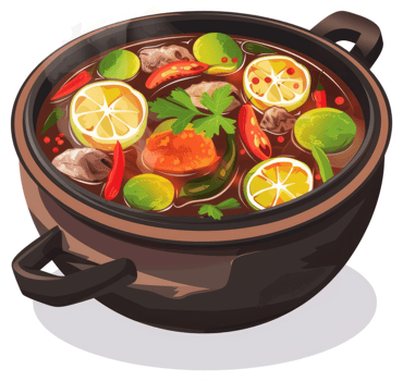 A vibrant display of a flavorful, aromatic Thai soup in a large pot. png