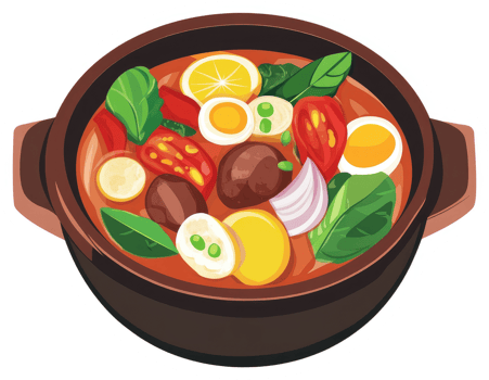 A hearty vegetable and egg stew cooked in a rustic pot. png