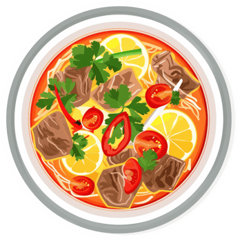 A vibrant bowl of flavorful beef noodle soup, garnished with fresh herbs, tomatoes, and lemon. png