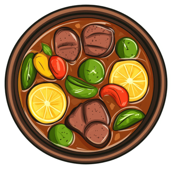 A hearty stew of meat, vegetables, and citrus. png