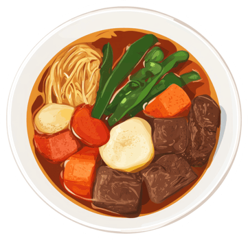 A bowl of flavorful beef and vegetable noodle soup. png