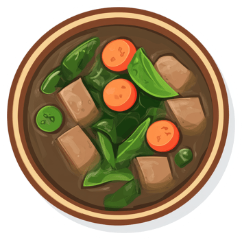 A hearty stew with chunks of meat, vegetables, and a rich broth. png