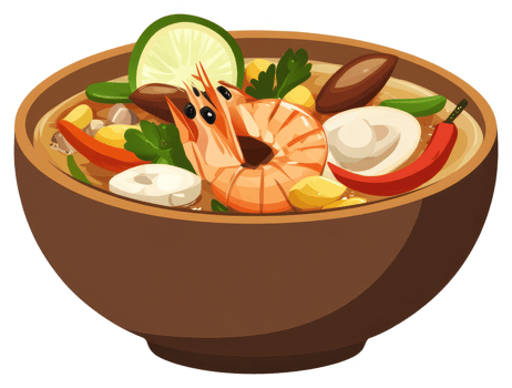 A bowl of flavorful tom yum soup with shrimp. png