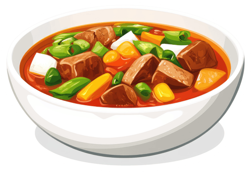 Hearty beef stew with vegetables in a white bowl. png