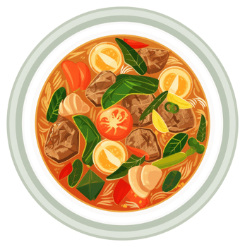A colorful bowl of hearty beef noodle soup. png