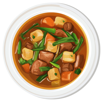 A hearty beef stew with vegetables in a white bowl. png