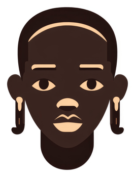 A stylized portrait of a person with dark skin, simple features, and ornate earrings. png