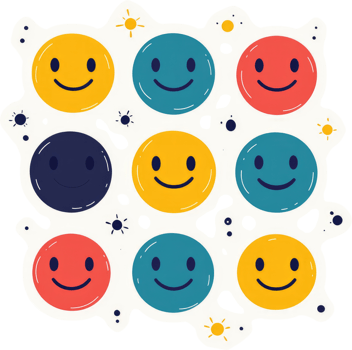 A collection of cheerful smiley faces in various colors. png