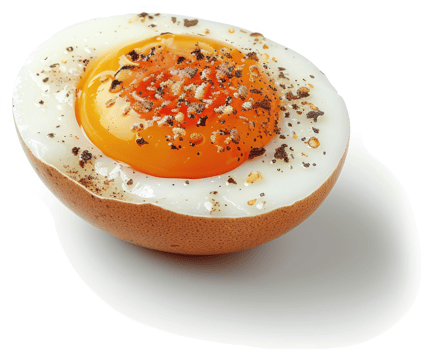 A halved brown egg with a vibrant yolk and sprinkled seasoning. png