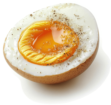 A halved hard-boiled egg with a runny yolk and seasonings. png