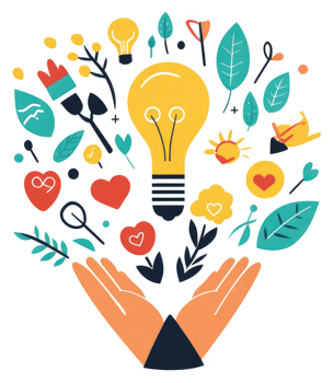 Hands holding a lightbulb, surrounded by creativity and inspiration. png