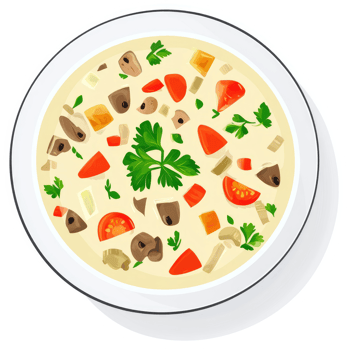 Creamy mushroom and vegetable soup in a white bowl. png