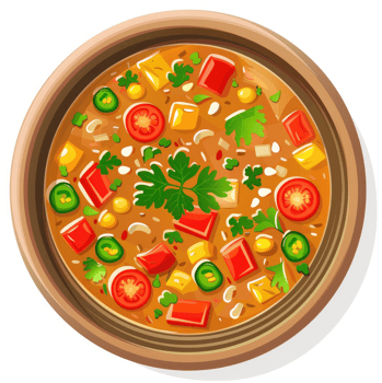 A hearty vegetable soup with corn, peppers, and tomatoes. png