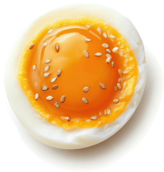 A halved hard-boiled egg, yolk side up, garnished with sesame seeds. png