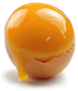 A broken egg with runny yolk dripping from the shell. png