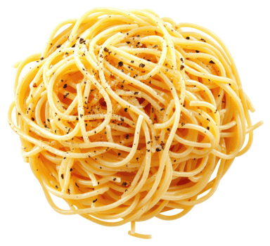 A nest of cooked spaghetti tossed in olive oil, pepper, and seasonings. png