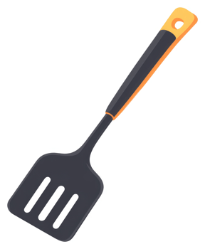 A simple illustration of a dark gray spatula with an orange handle. png