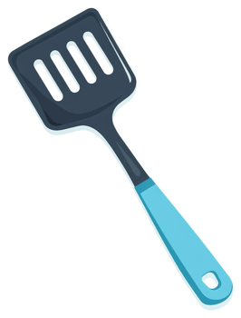 A dark-colored spatula with a light-blue handle. png