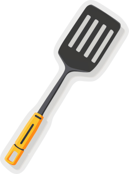 A colorful, simple illustration of a black spatula with a bright yellow handle. png