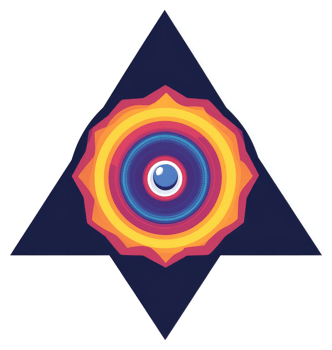 A vibrant, geometric logo featuring a multifaceted eye design within a triangular frame. png