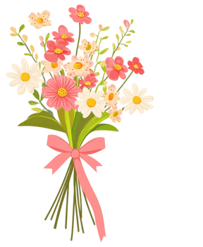 A beautiful bouquet of pastel flowers tied with a ribbon. png