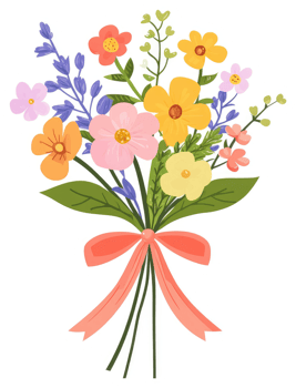 A colorful floral bouquet tied with a coral ribbon. png