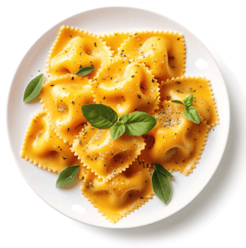 A plate of golden agnolotti pasta topped with fresh herbs. png