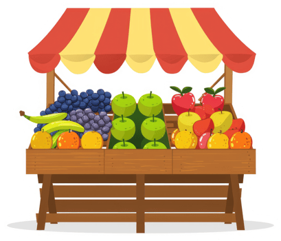 A colorful fruit stand overflowing with fresh produce under a striped awning. png