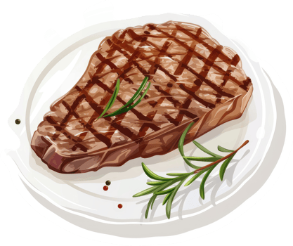 A grilled steak with rosemary and pepper on a white plate. png