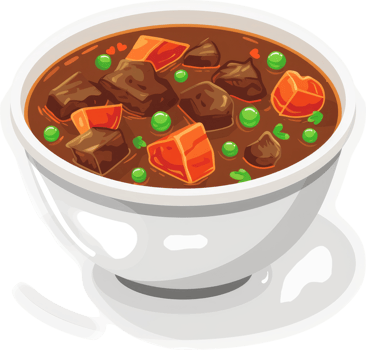 Hearty beef stew in a white bowl. png