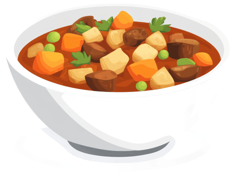 A hearty bowl of stew filled with meat, vegetables, and peas. png