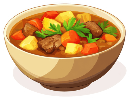 A hearty bowl of flavorful stew, bursting with vegetables and meat. png