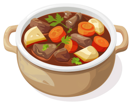A hearty beef stew simmering in a rustic pot. png