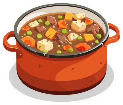 A hearty beef stew simmering in an orange pot. png