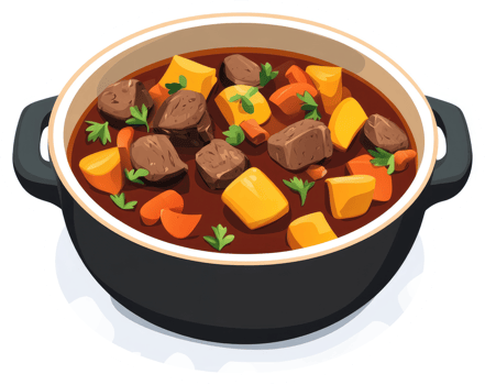 A hearty beef stew simmering in a large pot. png