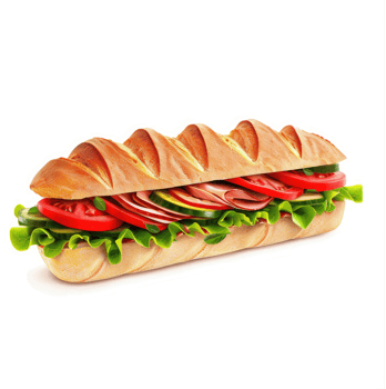 A delicious, long sub sandwich with ham, tomato, and cucumber. png