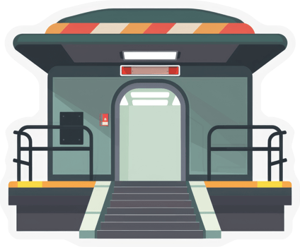 A stylized illustration of a train station platform entrance. png