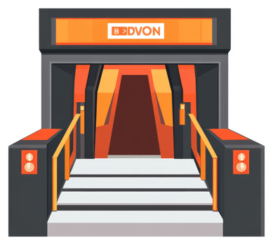 A stylized illustration of a futuristic building entrance with steps. png