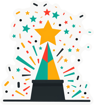 A celebratory graphic design of a starburst emerging from a colorful party hat. png