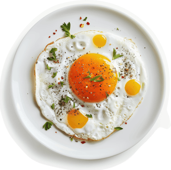 A plate of perfectly cooked fried eggs with vibrant yolks. png