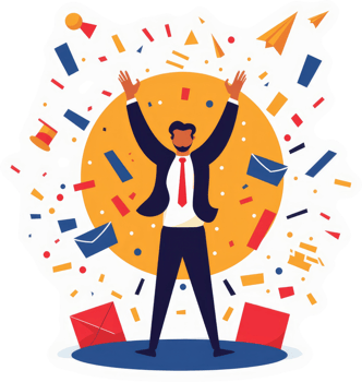 A jubilant businessman celebrates surrounded by confetti and mail, symbolizing success and achievement. png